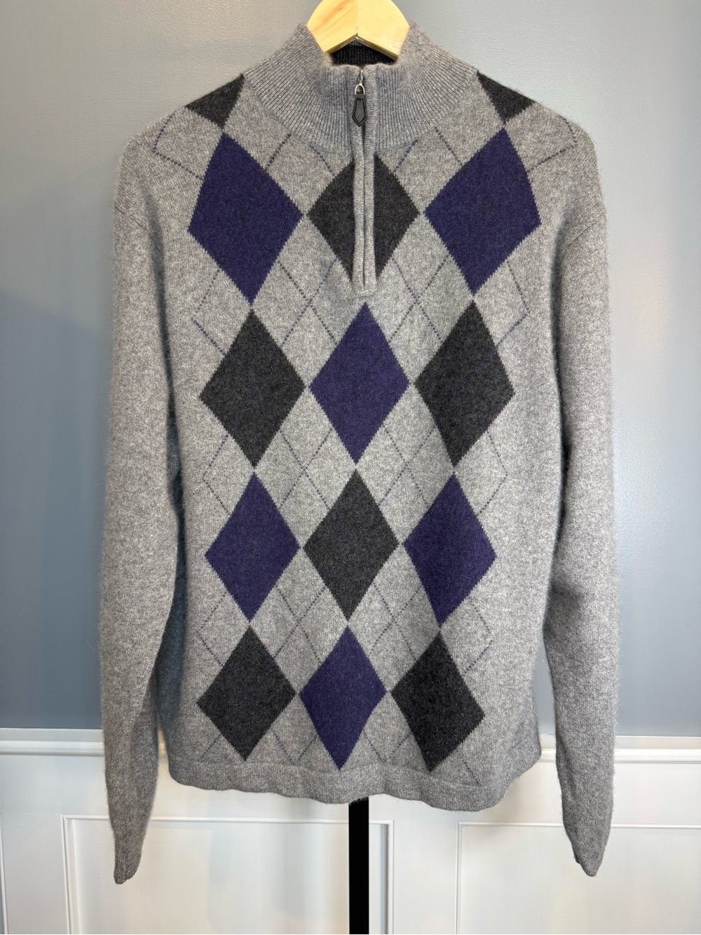 100% Cashmere Giasone Men’s L Argyle Quarter Zip Sweater Gray Purple
